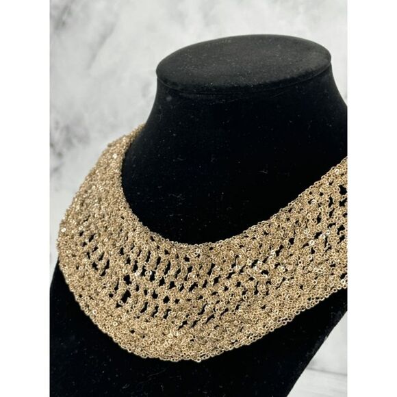 Crocheted chainmail bib necklace, Cleopatra Gold Mesh Collar Necklace - Picture 7 of 12